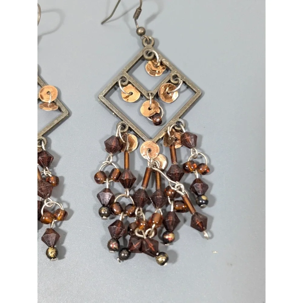 Boho Western Bronze Tone Brown Chandelier Dangle Long Earrings Festival‎